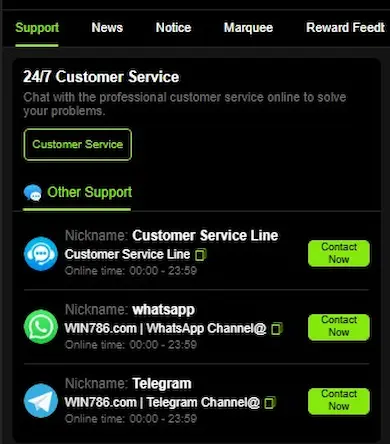 Customer support in Win 786 APP